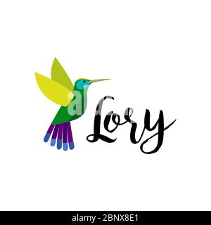 Exotic tropical bird isolated on white background. Lory bird vector element with hand drawn inscription Stock Vector