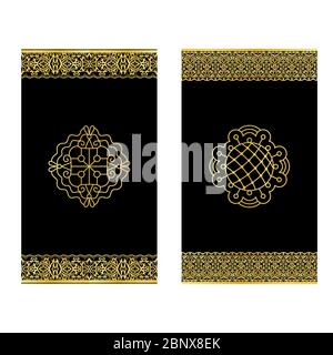 Black vertical invitations with golden lacy borders, vector set Stock Vector