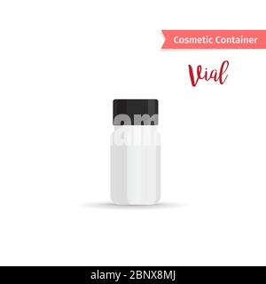 Cosmetic container. Realistic vial with black cap for cosmetic product. Vector illustration Stock Vector
