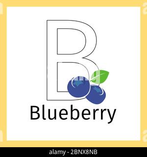Kids education card with blueberry and outline letter B for coloring, vector illustration Stock Vector
