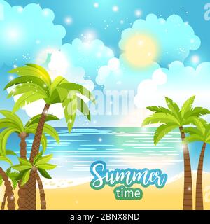 Summer time sea view vector background with palm trees Stock Vector