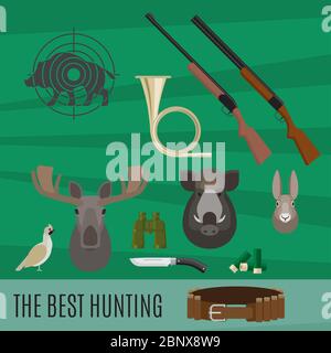 Hunting accessories and prey vector illustration, set of elements Stock Vector