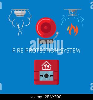 Fire protection and alarm system vector illustration on blue background Stock Vector