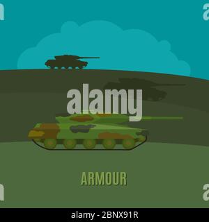 Armed forces, tanks on navy green background with text armour vector illustration Stock Vector