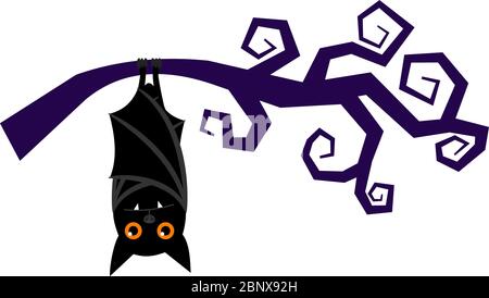 Cartoon bat hanging on tree branch, sleeping halloween vampire bat vector isolated on white background Stock Vector