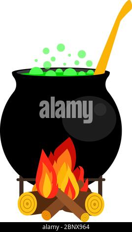 Halloween cauldron vector illustration. Witch cauldron with green potion isolated on white background Stock Vector