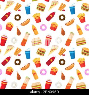 Vector fast food pattern or junk food seamless pattern with white background Stock Vector