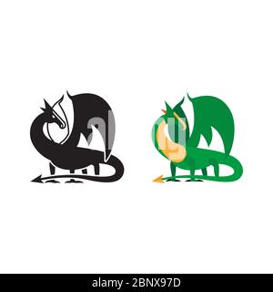 Medieval dragon icon and silhouette isolated on white background. Vector illustration Stock Vector