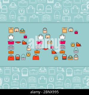 Word Bag with bag icons, vector lettering design concept and patterned background Stock Vector