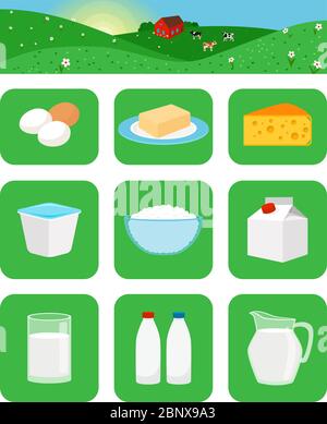 Milk productsicons in green squares. Farm natural food vector illustration Stock Vector