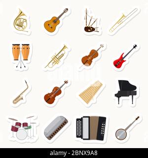 Musical instruments stickers set. Orchestra music band vector illustration Stock Vector
