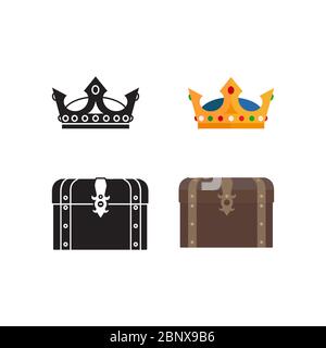 Medieval icons of chest, crown and silhouettes isolated on white background. Vector illustration Stock Vector