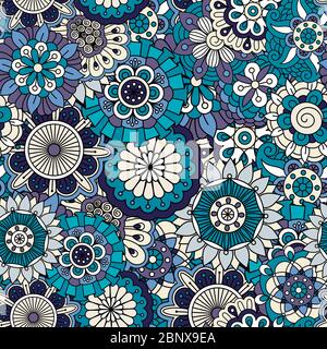 Full framed background in various blue tones and decorative patterns made of geometric elements Stock Vector