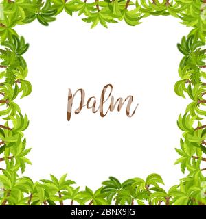 Beautiful vector palm tree green square frame with text on white background Stock Vector
