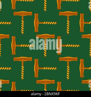 Retro Wood Corkscrew Icon Seamless Pattern for Opening Wine Bottle Isolated on White Background Stock Vector