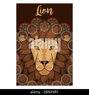 Lion Animal, ornamental card design with round ornament and brown background. Vector illustration Stock Vector