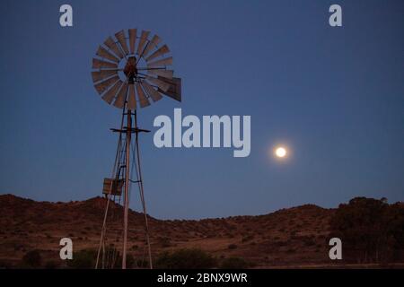 Moon Rise over a Sheep Farm, The Karoo, South Africa Stock Photo