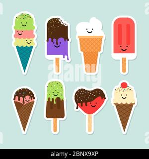 Ice cream flat cute vector stickers set. Chocolate and vanilla icecream in waffle cone Stock Vector