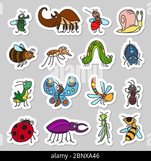 Vector funny insects and cute bugs stickers set Stock Vector