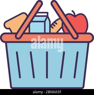Milk box apple and bread inside basket line and fill style icon vector design Stock Vector