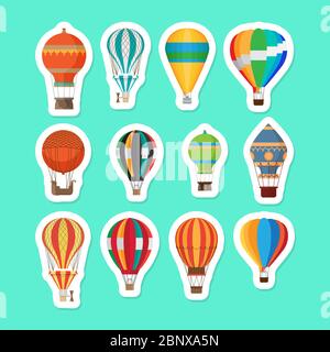 Vintage hot air balloons stickers set. Cartoon air balloons vector icons set Stock Vector