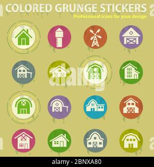 farm building colored grunge icons Stock Vector