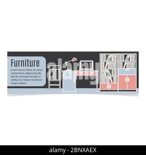 Furniture horizontal banner with table and bookshelf. Vector illustration Stock Vector