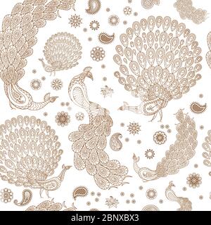 Peacock with henna elements monochrome seamless pattern. Vector illustration Stock Vector
