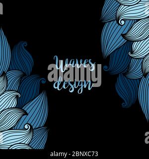 Blue waves on the black background, card design. Vector illustration Stock Vector