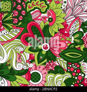 Wallpaper design with green cartoon stylized flowers. Vector illustration Stock Vector