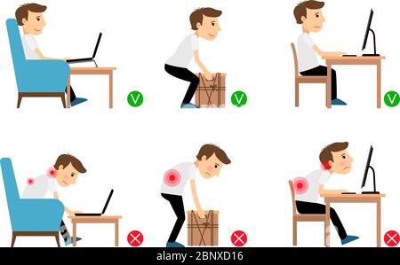 Man sitting, working and lifting heavy things correct and incorrect postures. Vector illustration Stock Vector