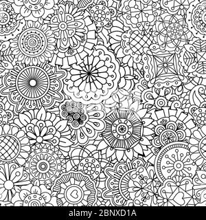 Floral linear pattern with round mandala style flowers. Vector illustration Stock Vector