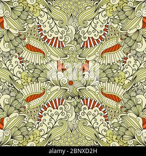Beige and orange floral doodle pattern with linear swirls. Vector illustration Stock Vector