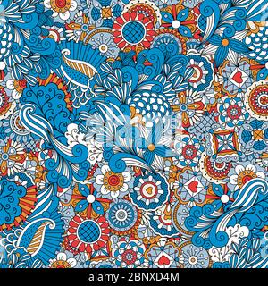 Blue red and orange vintage design floral pattern made from geometric flowers and kaleidoscope forms Stock Vector