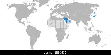 Saudi arabia, japan highlighted on world map. Business concepts, political, trade, economic relations. Stock Vector