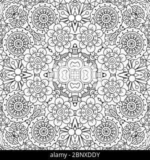 Full frame kaleidoscope background of patterns composed with geometric designs against white and having floral elements Stock Vector