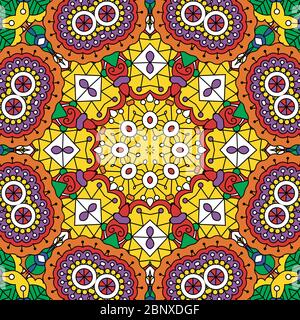 Psychedelic background geometric designs and colored purple orange green yellow and red Stock Vector