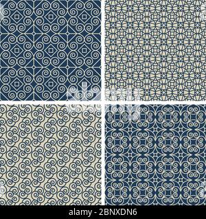 Set of blue and beige ethnic style patterns with linear swirl ornamnet. Vector illustration Stock Vector