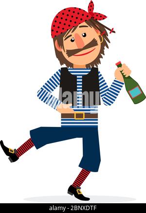 Pirate jolly dancing and holding the bottle of rum cartoon character on white background. Vector illustration Stock Vector