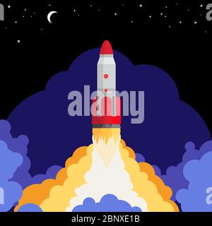Space rocket launch against the night sky background vector illustration Stock Vector