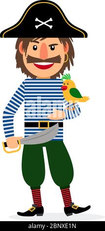 Pirate happy cartoon character with sword and parrot. Vector icon on white background Stock Vector