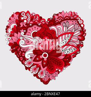 Red floral doodle decorative element in heart shape. Vector illustration Stock Vector