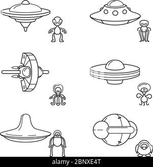 Thin line aliens with spaceships icons. Linear style vector illustrations isolated on white Stock Vector