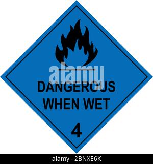Flammable solid dangerous when wet caution sign. Dangerous goods placards class 4. Black on cyan-blue background. Stock Vector