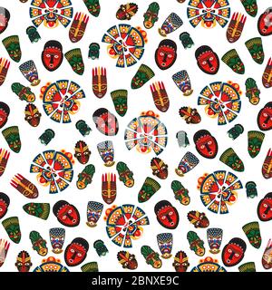 African masks seamless pattern on transparent background. Vector illustration Stock Vector