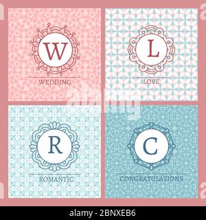 Cute and chic pink cards with monograms for wedding design. Vector illustration Stock Vector