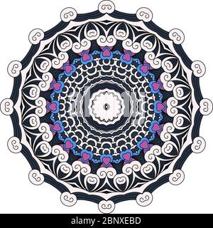 Lovely black blue and purple colored design with circular elements hearts and geometric patterns Stock Vector