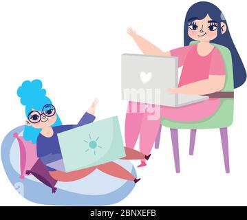 working remotely, young women sitting on chair and bean chair with laptops vector illustration Stock Vector