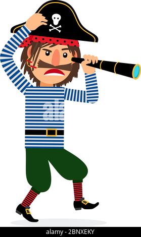 Pirate cartoon character walking with spyglass. Vector icon on white background Stock Vector