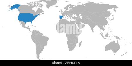 Spain, USA countries highlighted blue on world map. Economic, trade relations. Stock Vector